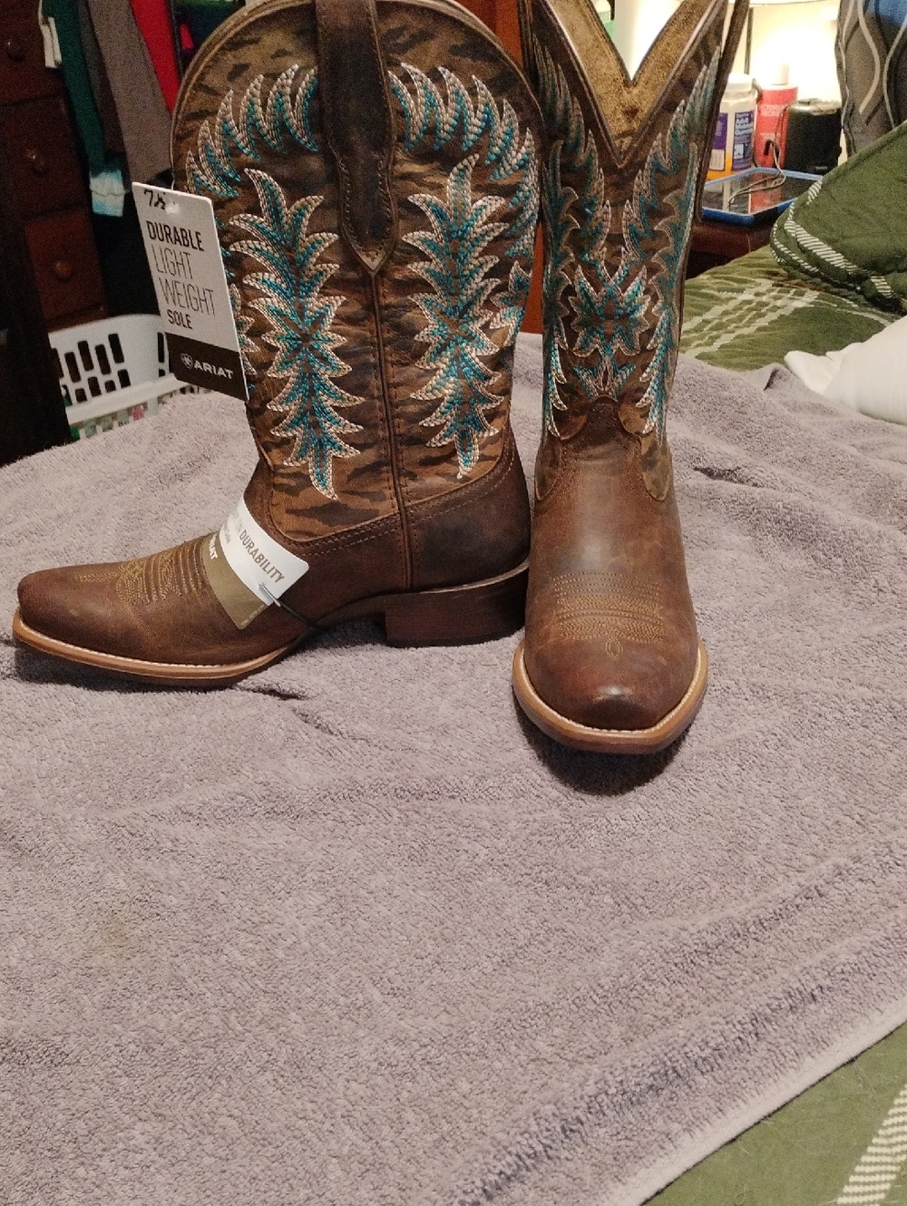 Ariat Brown Leather Western Boots with Turquoise Stitching - Picture 3 of 6